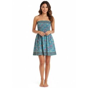 Boho Smocked Floral Mini Dress Turquoise Festival